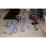 Collection of Glassware to include cranberry glass pedestal fruit bowl with etched floral and fruit