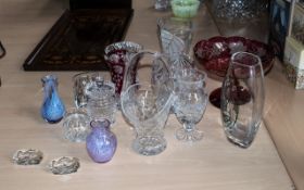 Collection of Glassware to include cranberry glass pedestal fruit bowl with etched floral and fruit