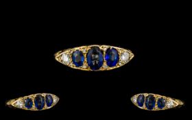 Antique Period 18ct Gold Attractive 5 Stone Sapphire and Diamond Ring - marked for 18ct to