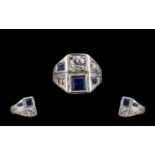 Art Deco Period 18ct White Gold Superb Sapphire and Diamond Set Ring. Marked 18ct. The Central