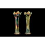 Pair of Favrile Colour Carnival Glass Fluted Vases by Fentons, with shaped tops. 12" tall.