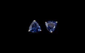 Ceylon Blue Coloured Quartz Stud Earrings, trillion cut solitaires of 3.75cts each, set in