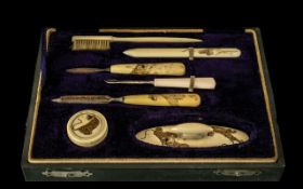 Japanese Meiji Period Ivory Boxed Manicure Set, Carved to the Body with Tigers.