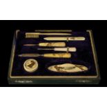 Japanese Meiji Period Ivory Boxed Manicure Set, Carved to the Body with Tigers.