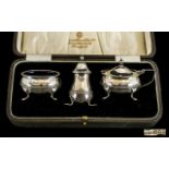 Edwardian Period Nice Quality Sterling Silver Boxed 3 Piece Cruet Set. Complete with blue liners.