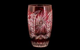 Bohemian Large and Impressive Ruby Overlay Deep Cut Lead Crystal Vase, Wonderful Design. c.1950's.