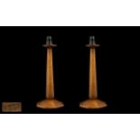 Pair of Liberty Arts and Crafts Oak Tapering Shaped Candlesticks In The Manner of Arch Bold Knox