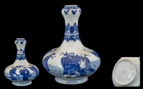 Chinese Blue & White Decorated Garlic Neck Shaped Bulbous Vase decorated to the body with sages