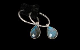 Labradorite Hoop and Drop Earrings, each earring having a pear cut, chequerboard faceted,