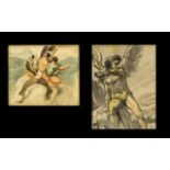 Pair of Antique Watercolour Sketches on Paper depicting horsemen and a winged man. Unsigned.
