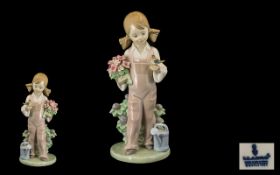 Lladro Porcelain Figurine ' Spring Girl ' Girl with Flowers. Model No 5217, Sculpture Juan Huerta.