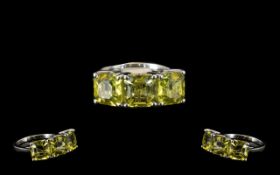 Ouro Verde Quartz Three Stone Ring, natural green gold quartz in an 8mm square octagon cut,