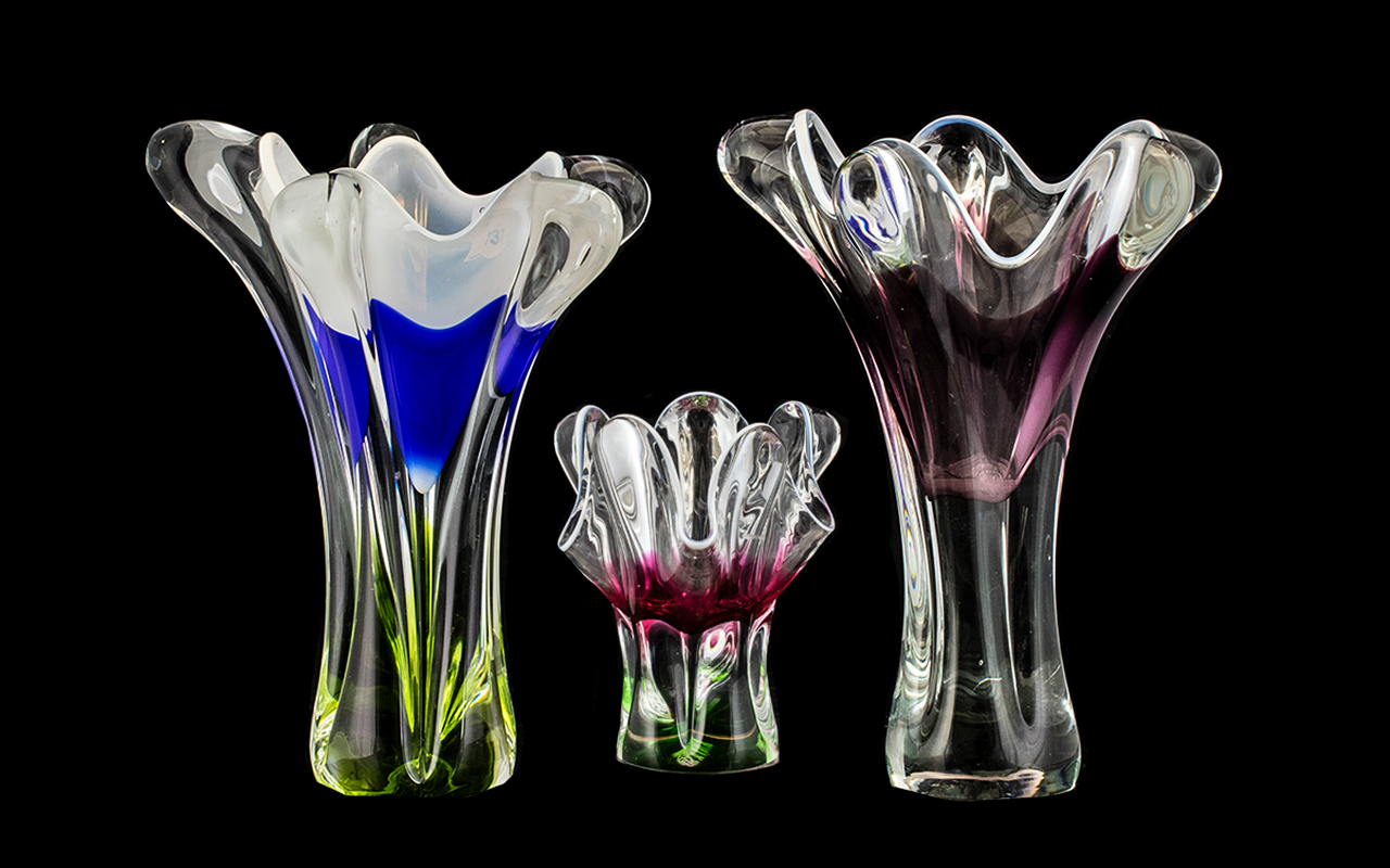 Set of Three Mid Century Swedish Design Coloured Glass Vases of fine colour, with shaped tops.