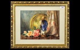 Still Life Watercolour, Initials PBR, depicting a Chinese statue, flowers and a metal platter,