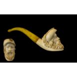Antique Period - Nice Quality Meerschaum Pipe In the Form of a Well Carved Image of a Bearded Man's