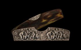 Dutch Silvered Metal Comb & Holder embossed with the Teniers Drinking Tavern Scenes (circa 1920s)