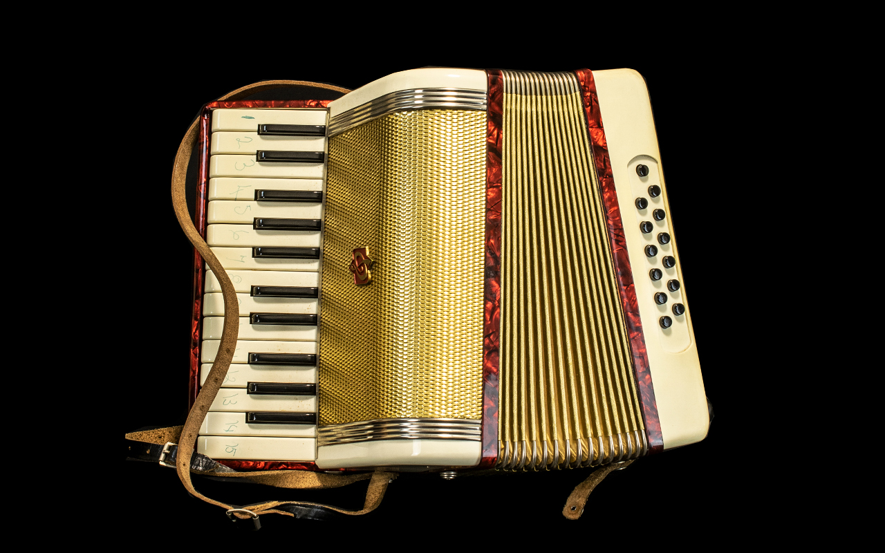 Vintage Accordion by Kitchen's of Leeds in mock crocodile style case in brown,