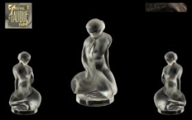 Lalique Signed Figure of a Nude Girl with a Swan. Measures 5" high.