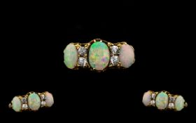 Antique Period 18 ct Gold Attractive Opal and Diamond Set Dress Ring with Gallery Setting -