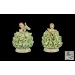 Irish Dresden Pair of Fine Quality Hand Painted Porcelain Lace Figurines ' Emerald Collection '