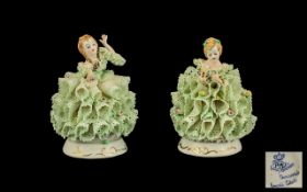 Irish Dresden Pair of Fine Quality Hand Painted Porcelain Lace Figurines ' Emerald Collection '