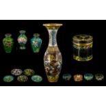 Collection of 14 Pieces of Small Chinese Cloisonne Items comprising: Two lidded round boxes;