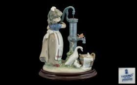 Lladro - Quality Porcelain Figure on a Wooden Display Base ' Summer on the Farm ' Girl at the Water