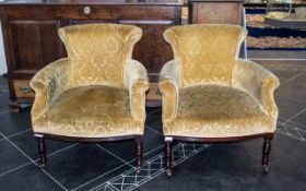 A Pair of Early 20th Century Low Tub Chairs on a Gold Draylon Padded Seat Back Rested Arms,