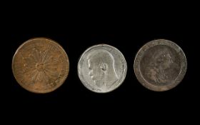 An 1899 Silver Russian Ruble, an 1857 Uraguay 40 Cent coin and a GB 1797 cartwheel penny, all in