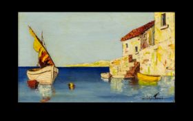 Cecil Rochfort D'Oyly John (1906-1993) Oil on Canvas. Mediterranean harbour scene with moored boats.