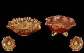 Two Marigold Colour Carnival Glass Bowls with shaped edges, by Fenton's, Peacock and Grape Vine