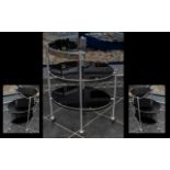 Art Deco 1930's Chrome Three Tier Cocktail Drinks Trolley with unusual oval black glass shelves