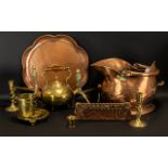 Collection of Brass & Copper Items to include a large copper tray, a copper coal scuttle,