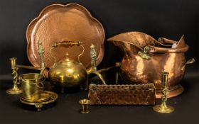 Collection of Brass & Copper Items to include a large copper tray, a copper coal scuttle,