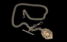 Victorian Period Nice Quality Sterling Silver Albert Watch Chain with attached Fob and T-bar.