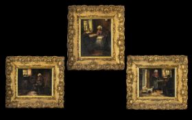 Antique Oil Paintings on Canvas Laid on Board - Set of ( 3 ) In Gilt Frames Depicting Cottage