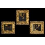 Antique Oil Paintings on Canvas Laid on Board - Set of ( 3 ) In Gilt Frames Depicting Cottage