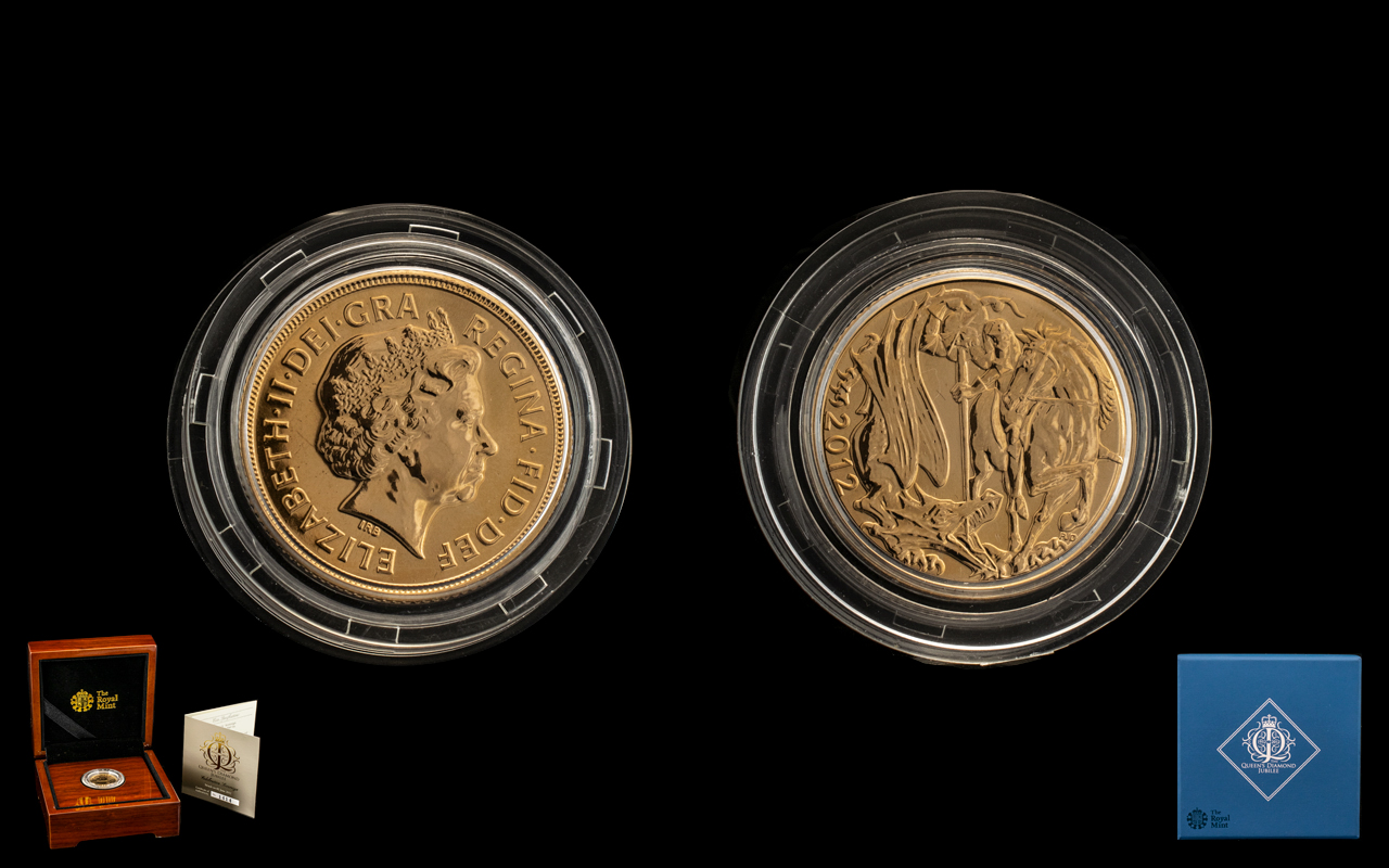 Royal Mint Diamond Jubilee Queen Elizabeth II Celebration 22ct Gold Full Sovereign - date 2012.