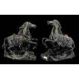 Two Black Cast Iron Figures of Rearing Horses. 10.5" tall, 9" wide.