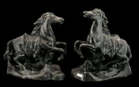 Two Black Cast Iron Figures of Rearing Horses. 10.5" tall, 9" wide.