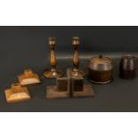 Arts & Crafts Golden Oak Candle Sticks. Collection of early 20th century oak, to include bookends,