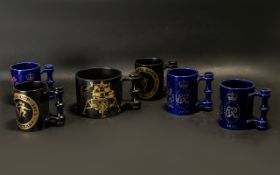 Portmerion Commemorative Mugs six in total, comprising: 3 x blue cobalt Silver Jubilee; 1 x black