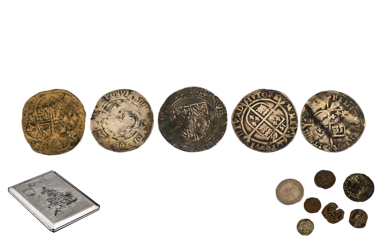 A Collection of Assorted Coins in a cigarette box (5) English silver hammered coins (various