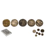 A Collection of Assorted Coins in a cigarette box (5) English silver hammered coins (various