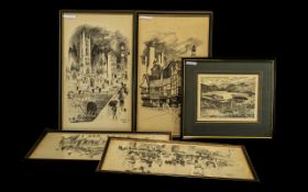 A Collection of Four Manchester Pen and Ink Prints titled The Shambles Manchester,