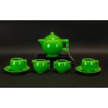 Vintage Lime Green Porcelain Tea to Two Set comprising teapot, two cups and saucers,