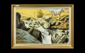 Oil Painting on Board by Pat Cleary depicting a Lakeland waterfall scene. In a gilt frame.