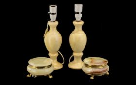 Two Onyx Table Lamp Bases along with two onyx trinket boxes. Please see images.