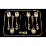 Art Nouveau Boxed Set of Six Silver Spoons and Matching Pair of Sugar Tongs of excellent design.