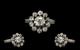 Antique Period Superb 18ct White Gold Diamond Set Cluster Ring Flowerhead Setting - centre diamond